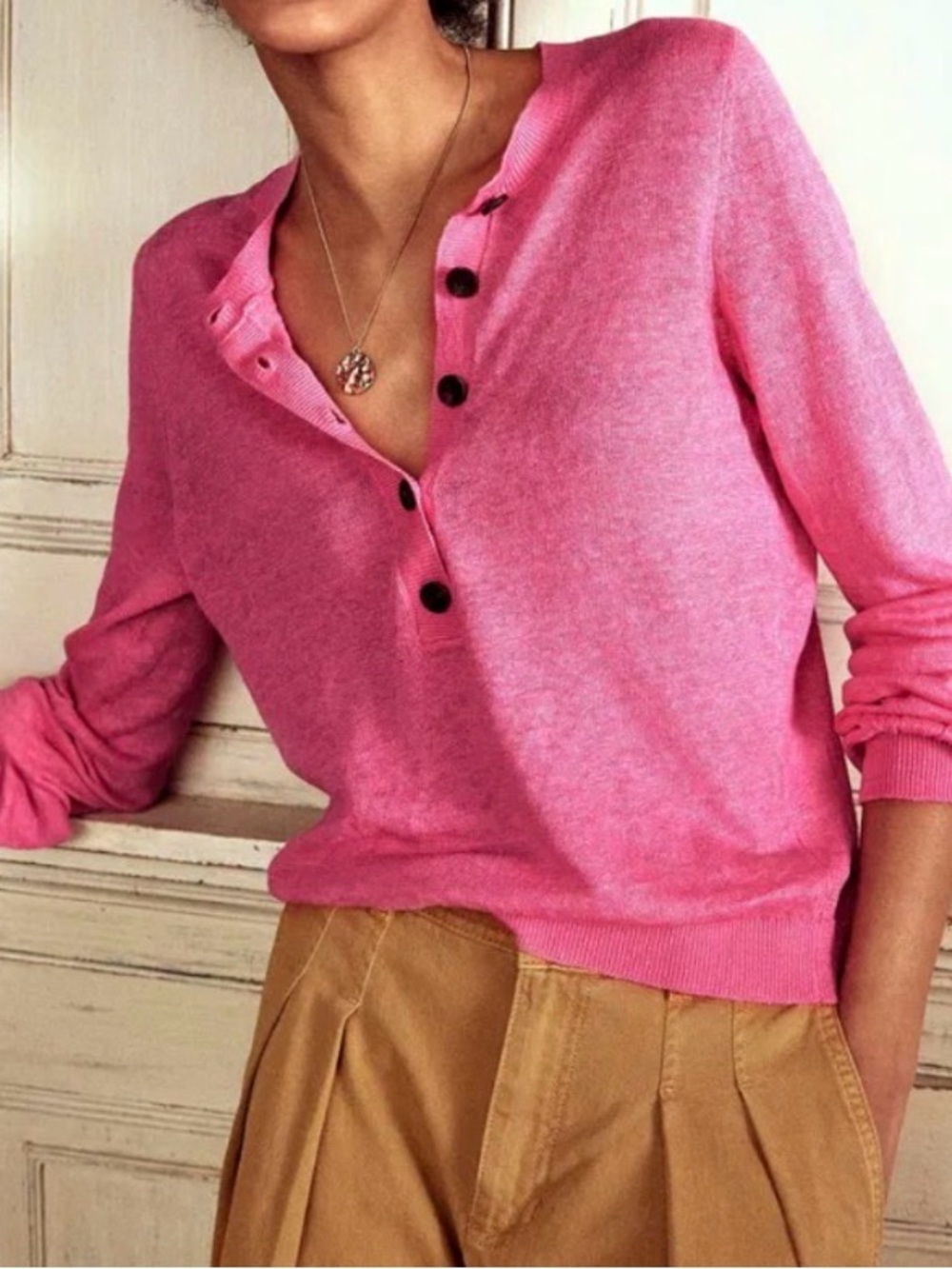 Boden Liv Linen Henley Top Jumper Sweater Pink